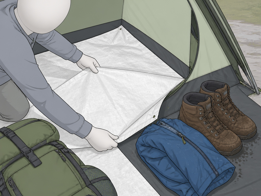 Tent vestibule groundsheet placement and gear organization by moisture level.