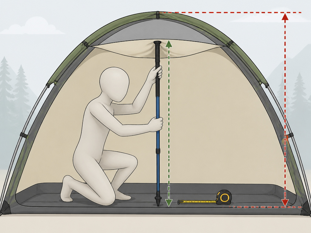 Correct way to measure interior tent height using a trekking pole for volume calculation.
