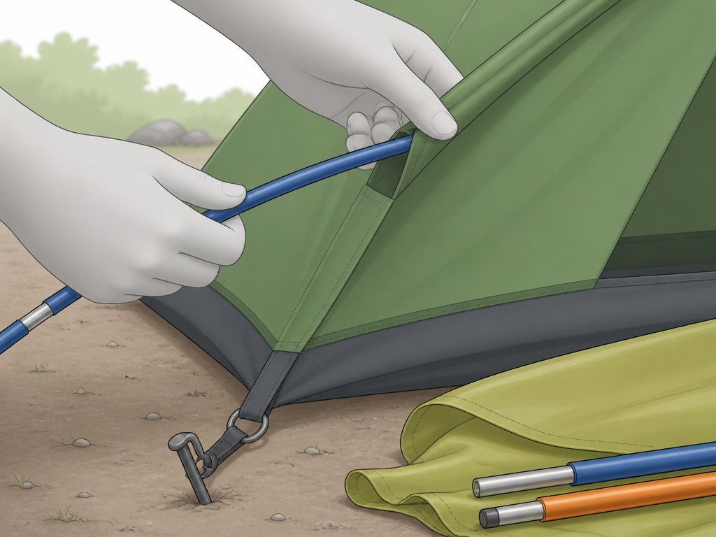 Close-up diagram of threading a tent pole while staking a corner during setup.