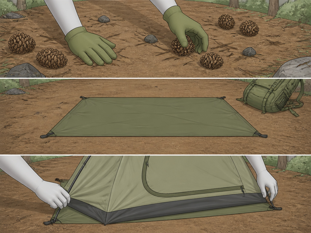 Cartoon guide showing how to clear ground, lay footprint, and pitch tent.