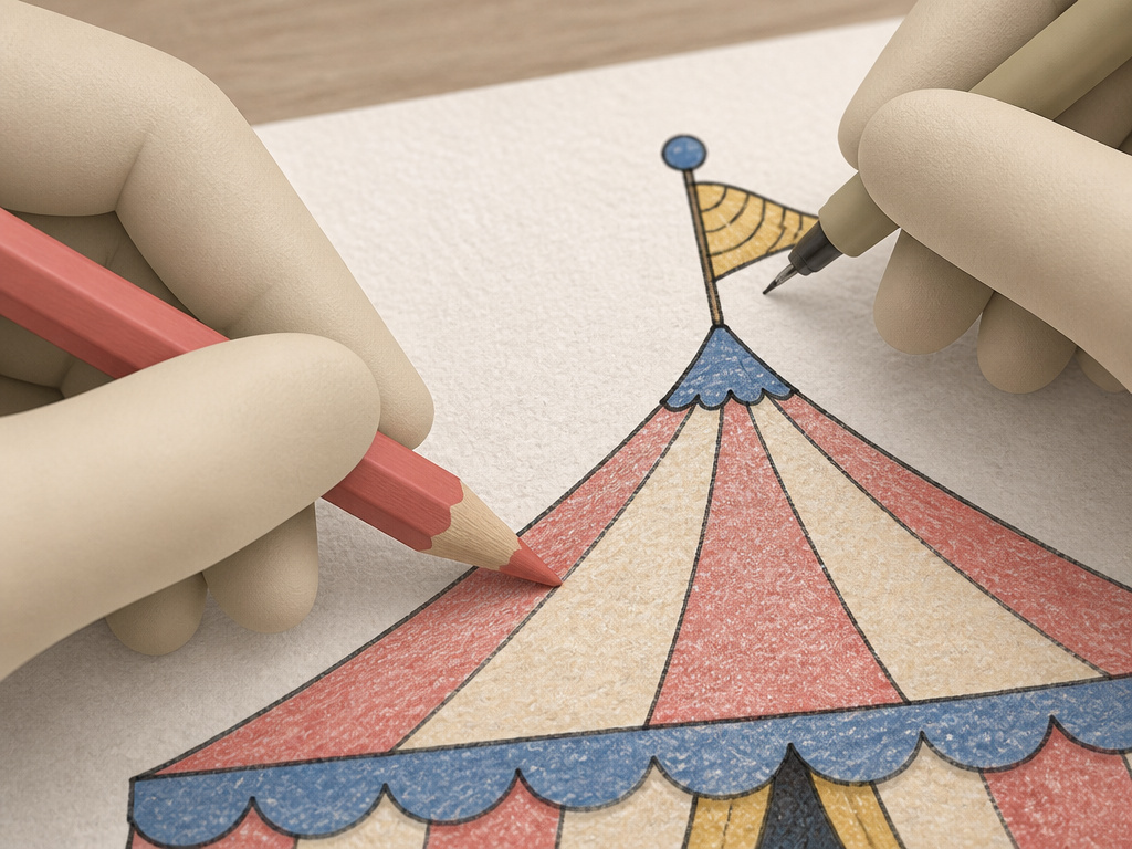 Adding texture to a circus tent drawing with colored pencil and line work.