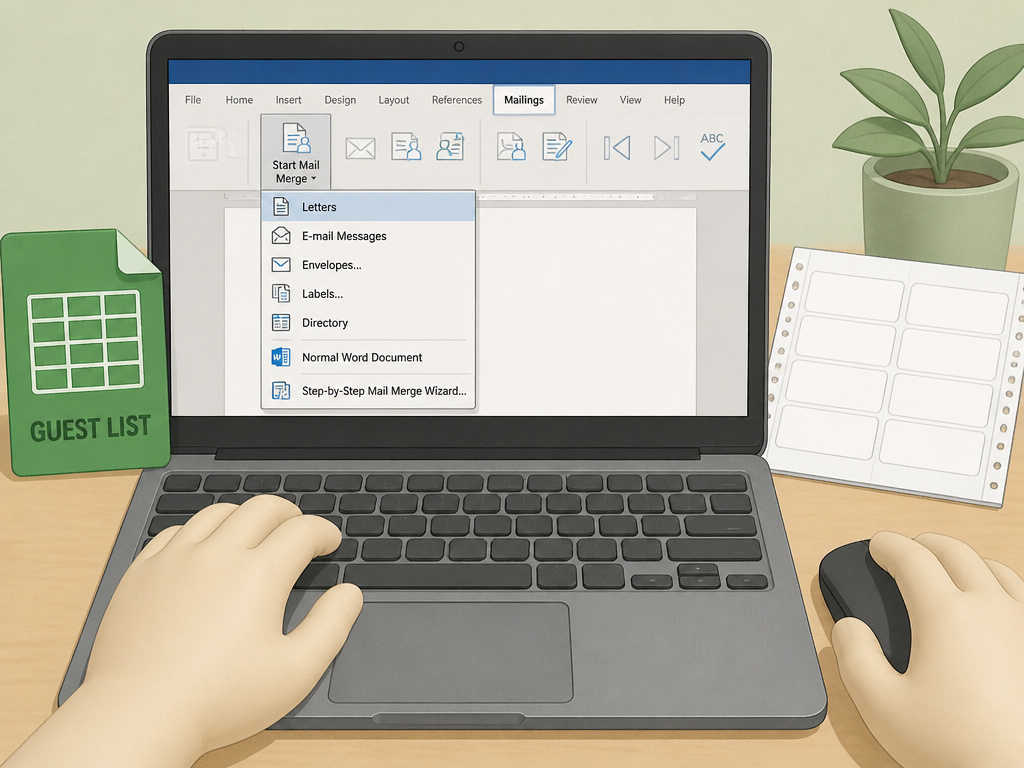 Using mail merge in Word to create multiple table tent cards from a list.