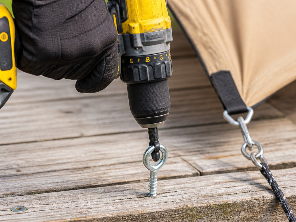 Installing a lag eye bolt into a wooden tent platform for secure anchoring.