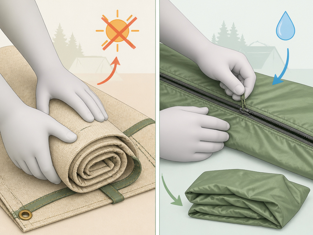 Side-by-side cartoon guide for collapsing canvas versus synthetic tents correctly.