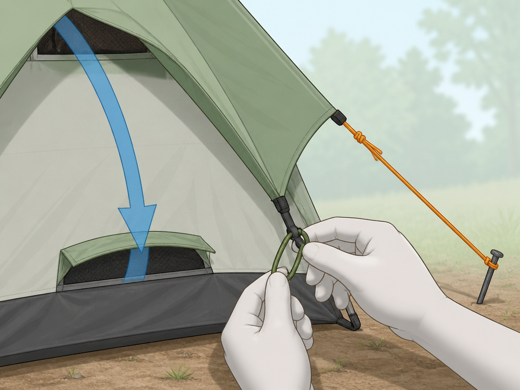 Attaching a tent rainfly and staking out guylines for proper ventilation.