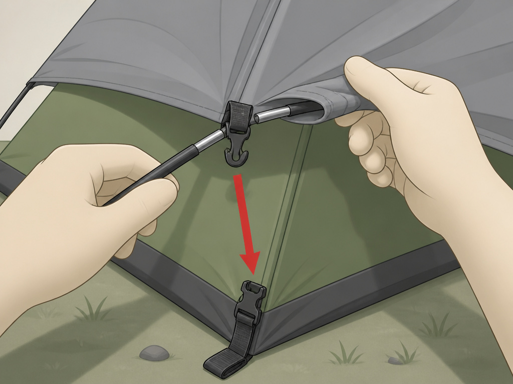 Attaching a tent rainfly by threading pole and clipping from bottom up.