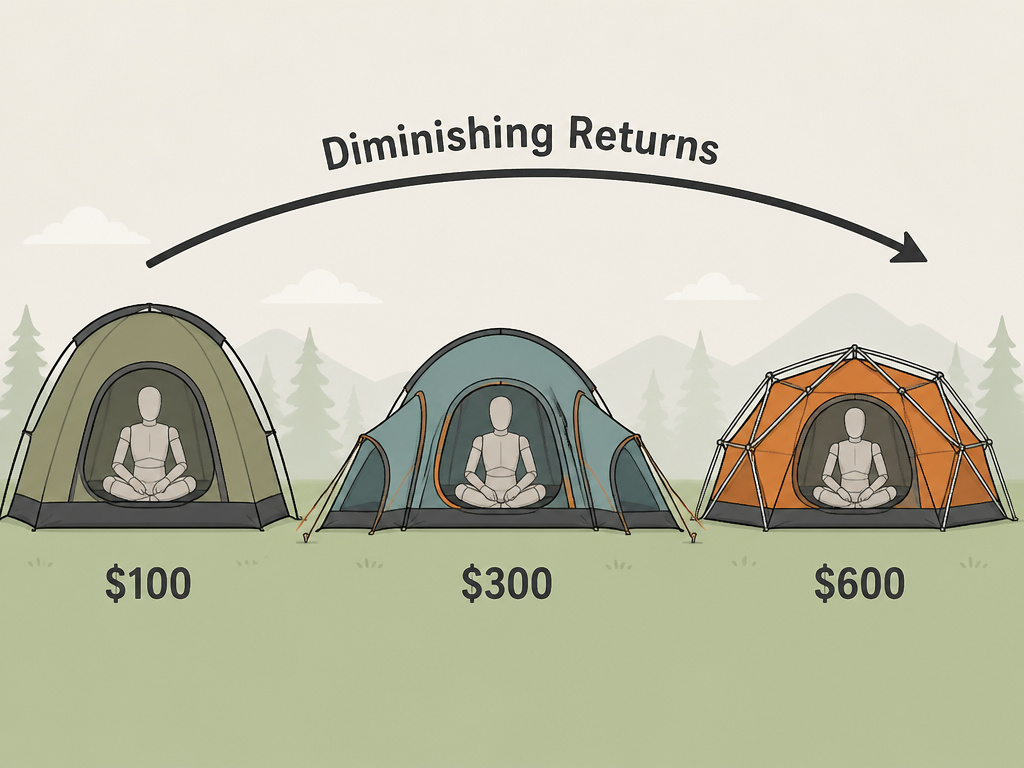 Three cartoon tents illustrating the budget versus reality curve of tent pricing.