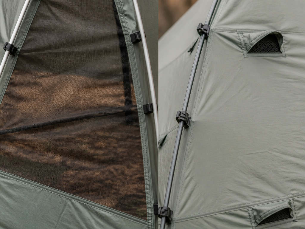 Close-up comparison of mesh-heavy three-season versus solid four-season tent fabric.