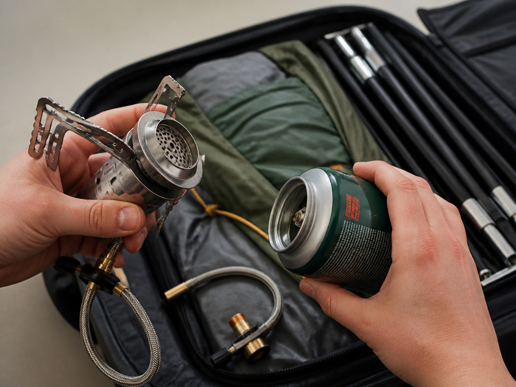 Disassembled camping stove and tent packed in a suitcase for airline travel.