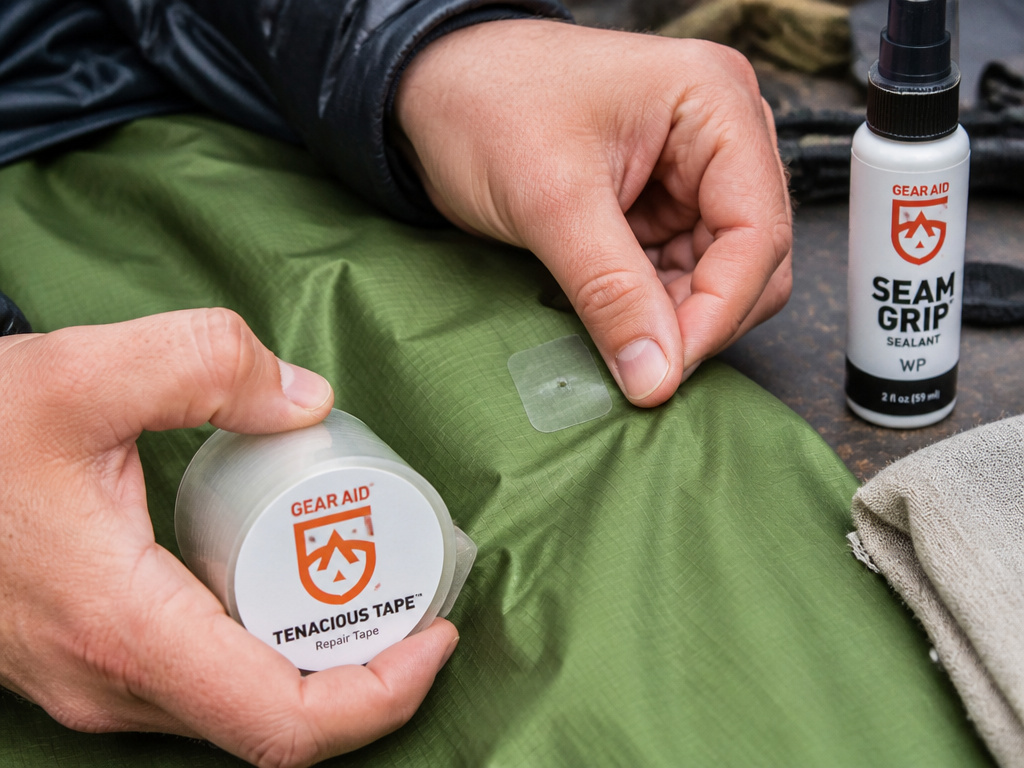 Hands repairing a tent rain fly with waterproof tape and seam sealant.
