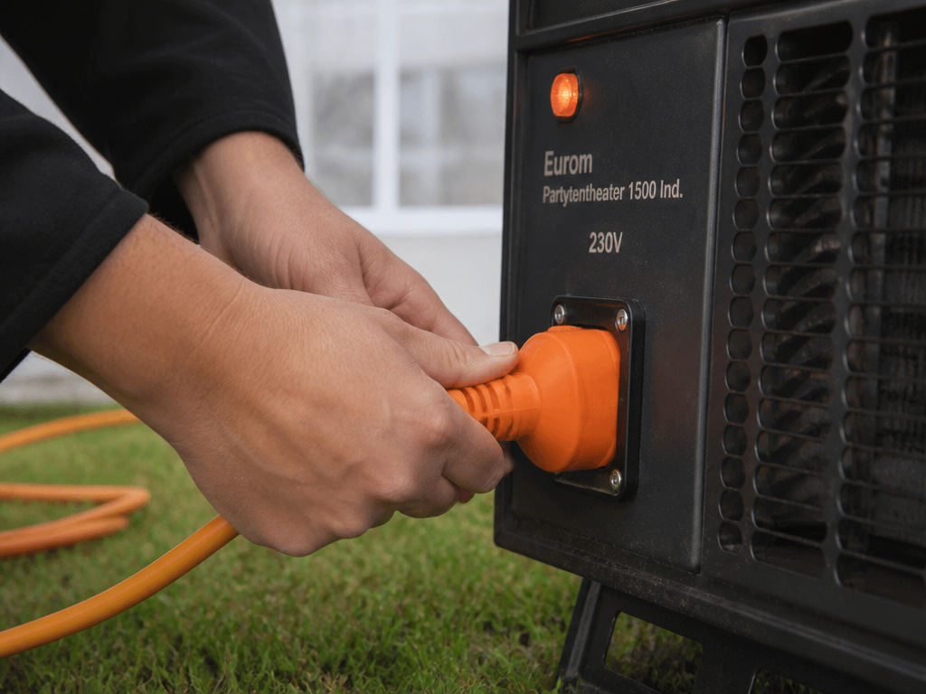 Electric party tent heater connected via long extension cord on grass.
