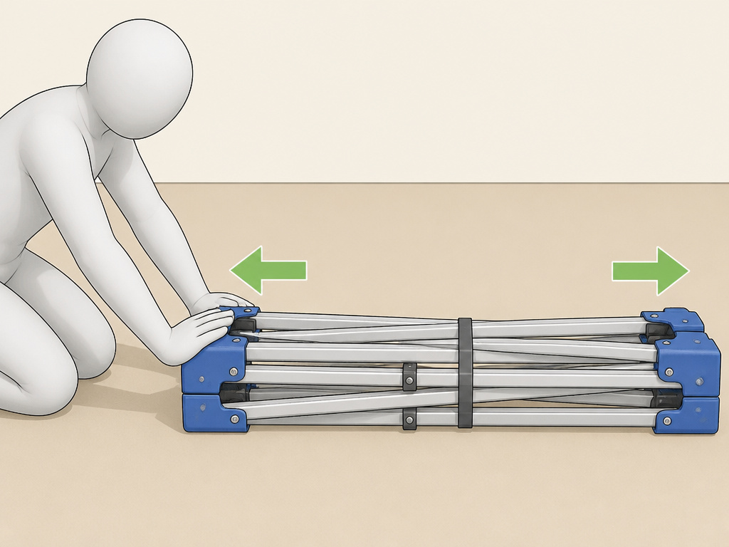 One person carefully unfolding a pop-up canopy frame on its side to avoid torsion.