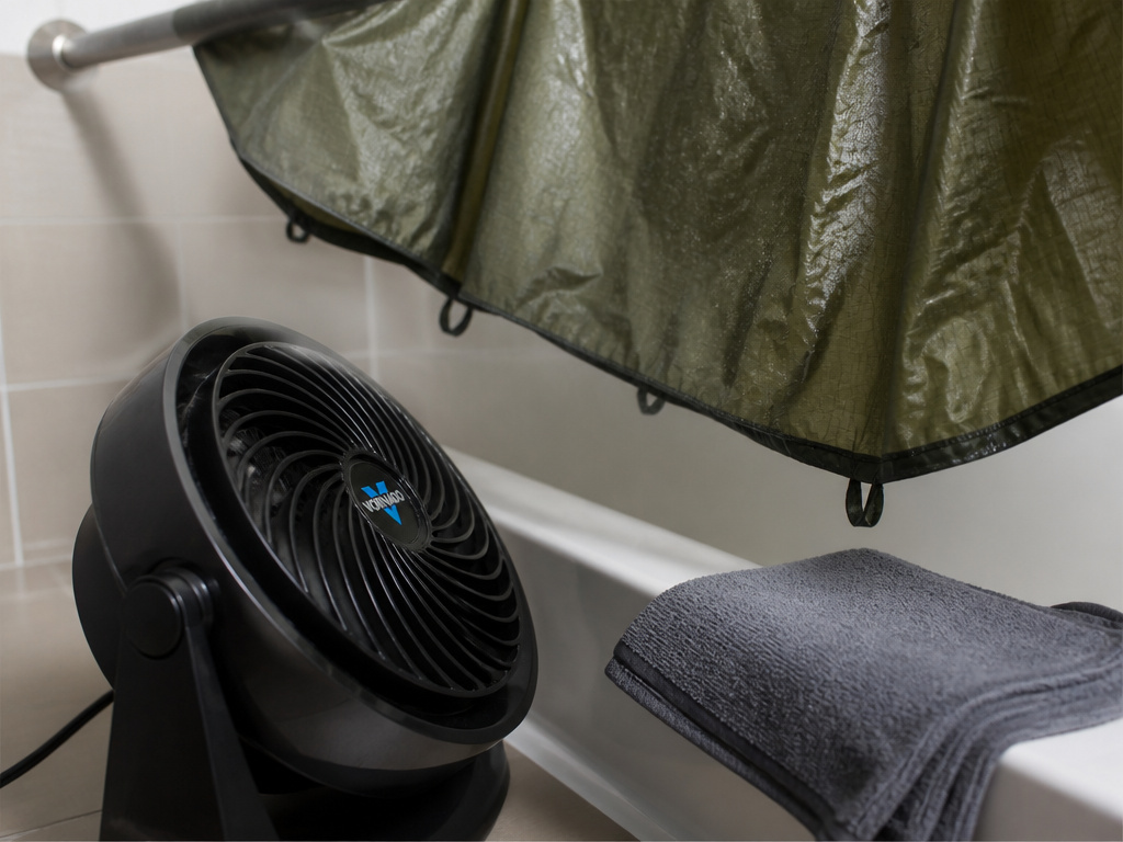 Drying a tent indoors using a shower rod and a circulating fan.