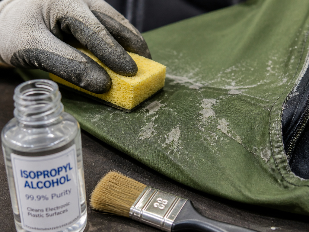 Removing flaky tent coating with sponge and alcohol for waterproofing repair.