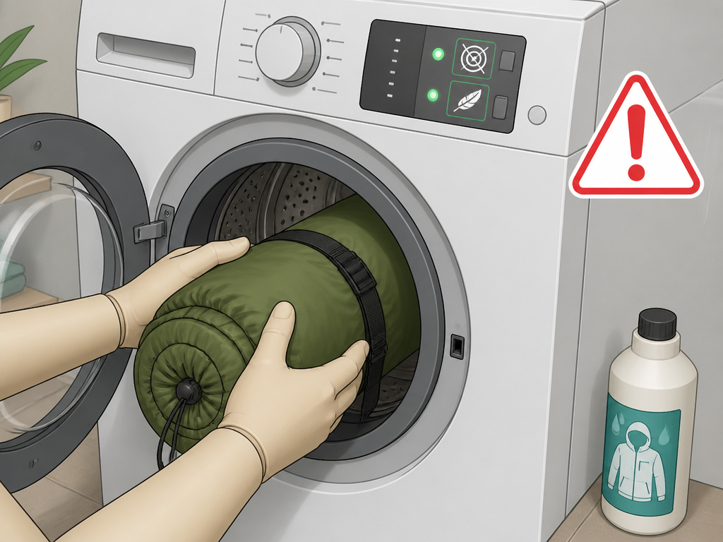 Close-up of hands placing a tent into a front-loader washing machine on gentle cycle.