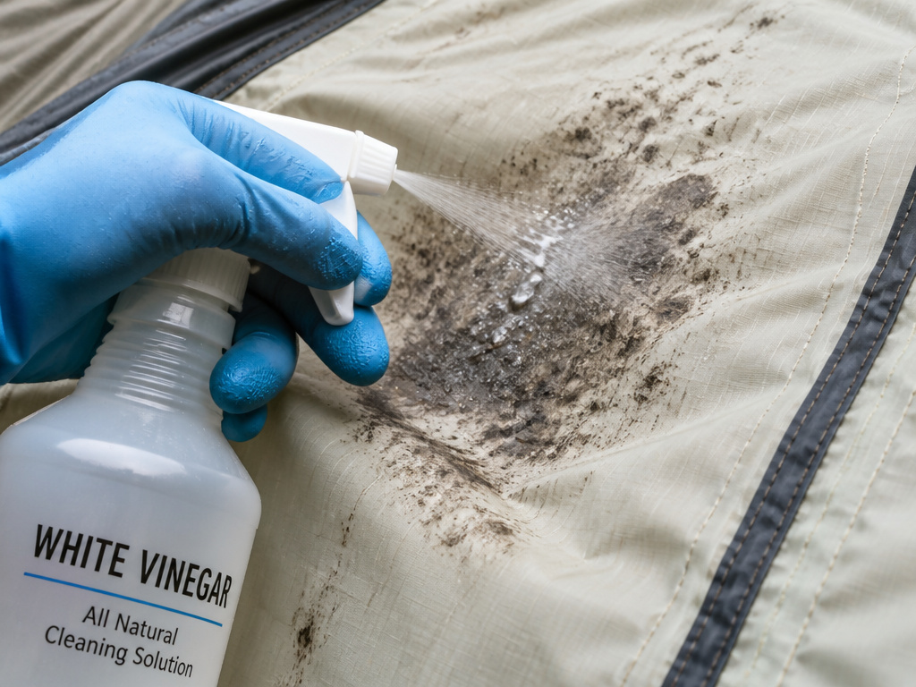 Close-up of cleaning a permanent mold stain on tent fabric with vinegar.