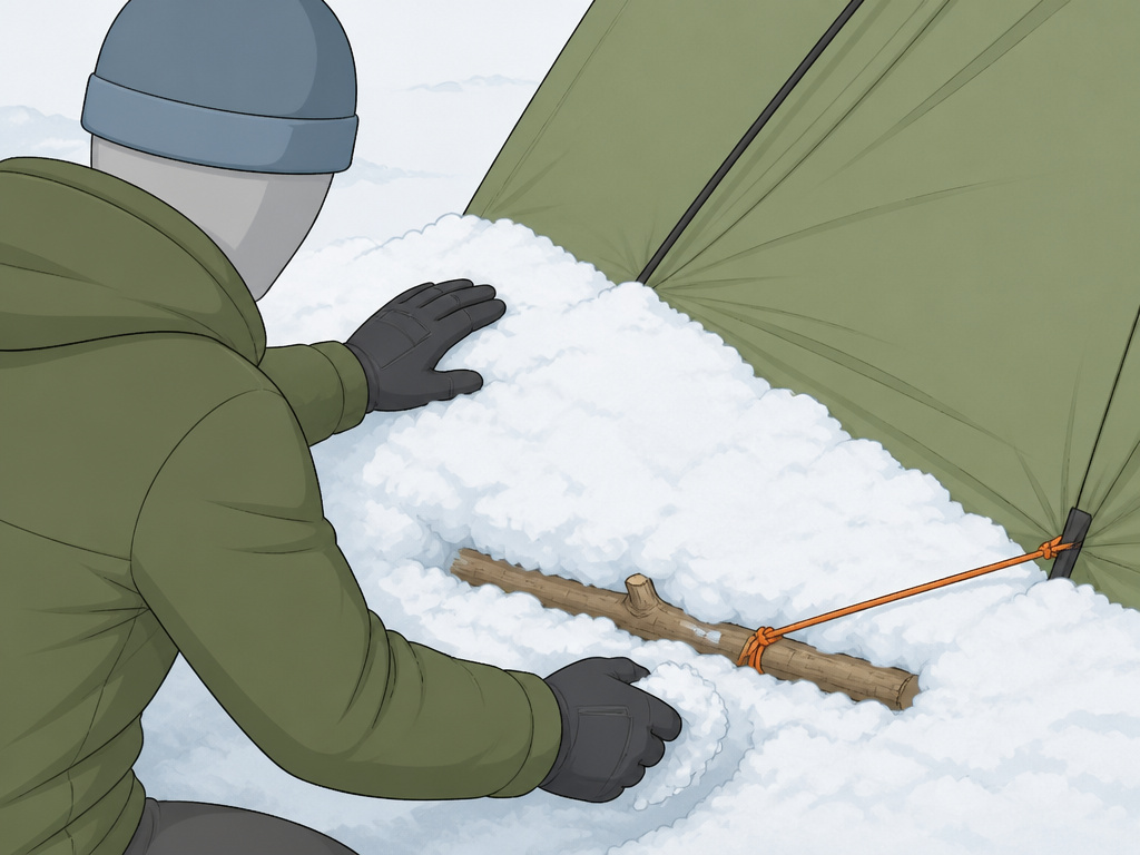 Using a deadman snow anchor to secure a three-season tent in winter conditions.
