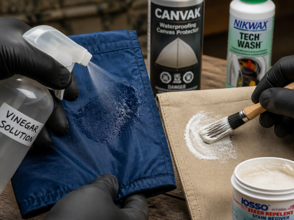 Comparing mold cleaning methods for synthetic nylon versus waxed canvas tent fabric.