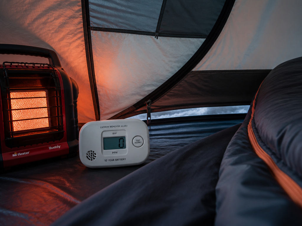 Carbon monoxide monitor and ventilation setup for heating a tent safely.