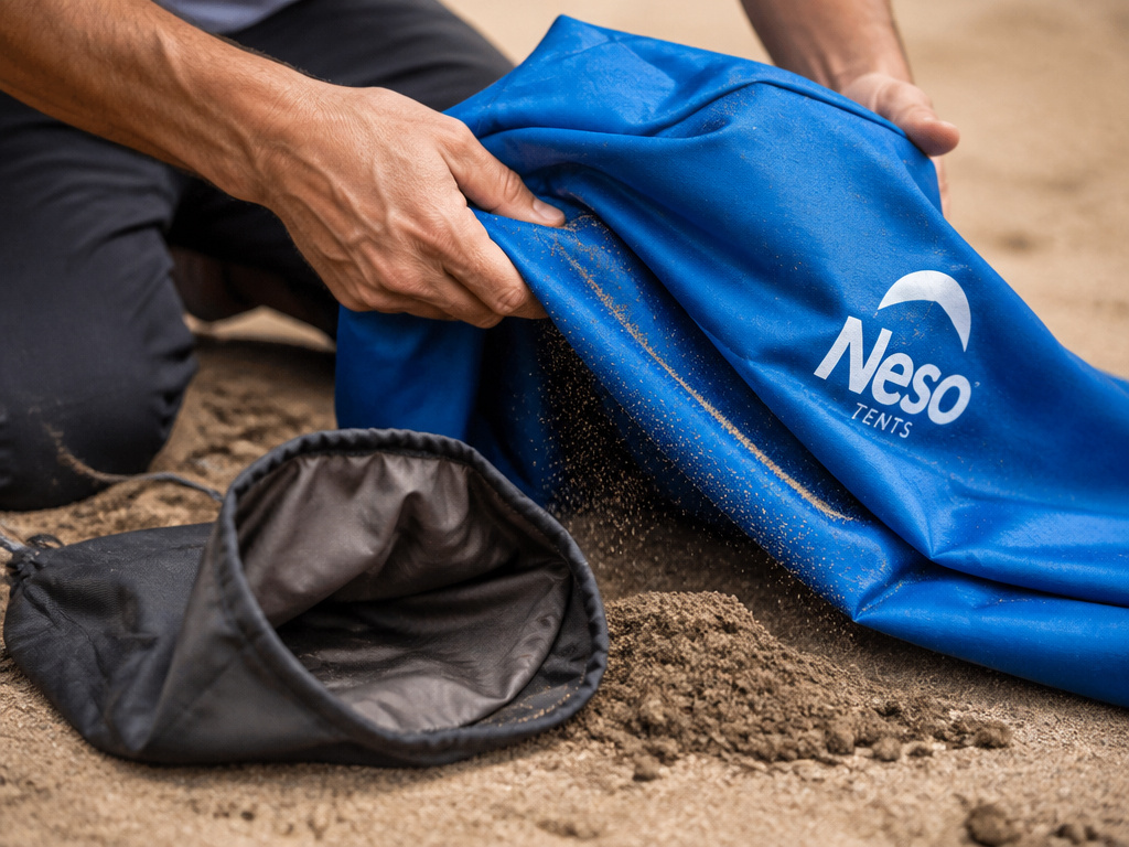 Careful folding and sand removal for a Neso beach tent.