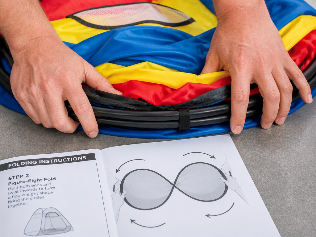Close-up of hands folding a pop-up play tent with continuous loop frame and instructions.