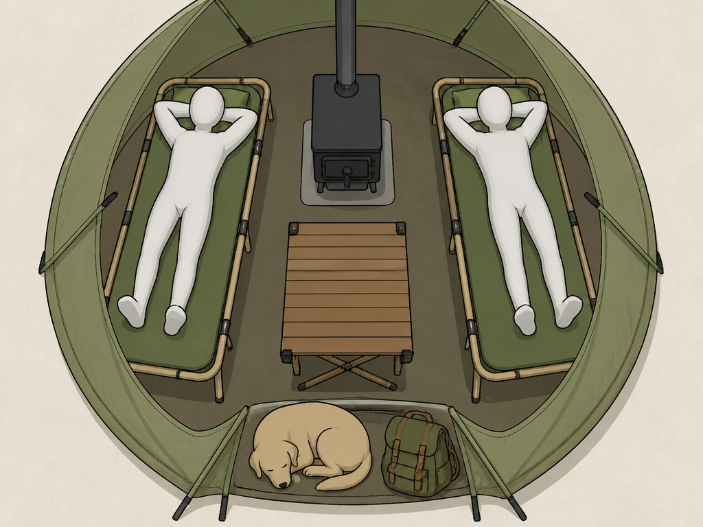 Bell tent floor plan diagram showing realistic space usage with beds and stove
