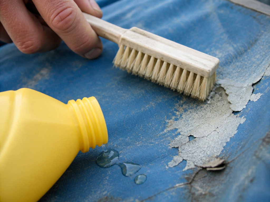Damaging tent cleaning mistakes: bleach bottle and stiff brush on moldy fabric.