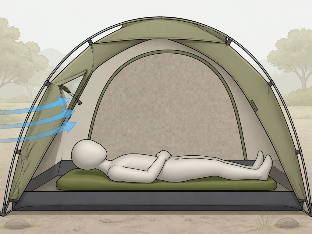 Cross-section diagram showing limited tent ventilation during high-humidity rain.