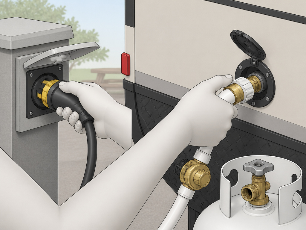 Connecting power cord and water hose to a tent trailer at a campsite.