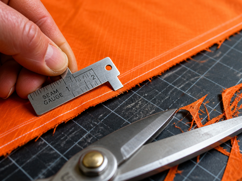 Measuring seam allowance on tent fabric with a ruler and shears.