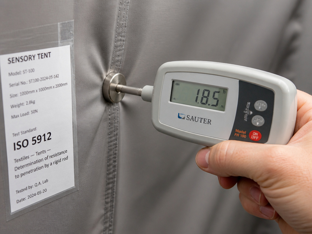 Close-up testing tear resistance of a sensory tent fabric according to ISO standards.