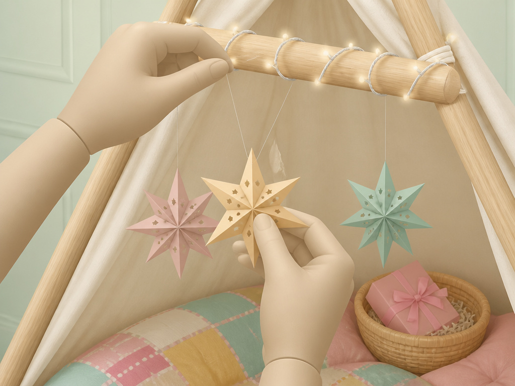 Decorating a DIY slumber party tent with fairy lights and paper stars.