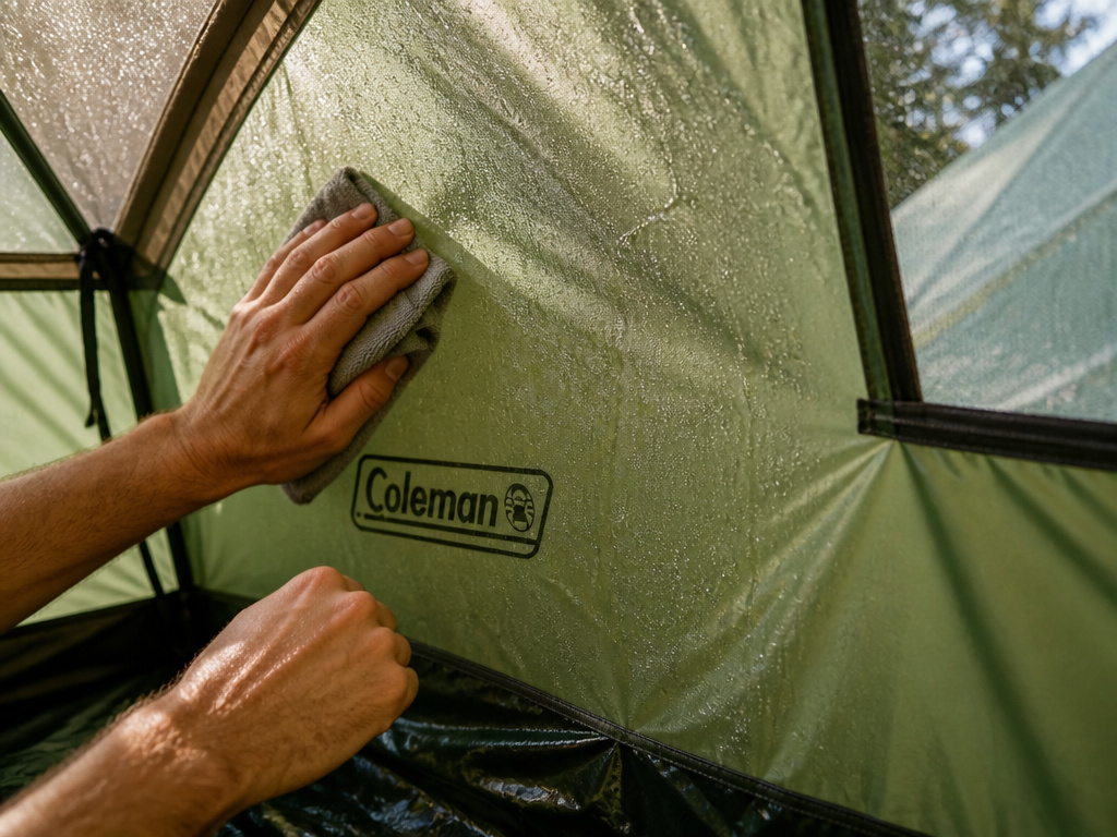 Wiping condensation from inside a Coleman tent with vents open.