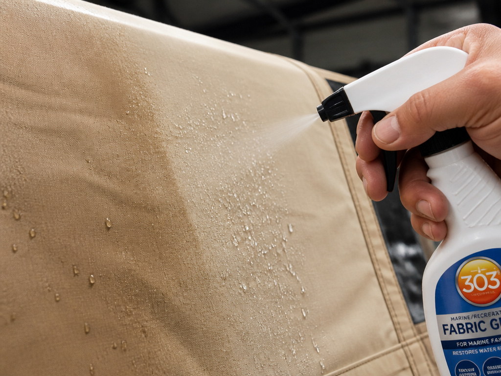 close-up of waterproofing spray beading water on tent trailer canvas