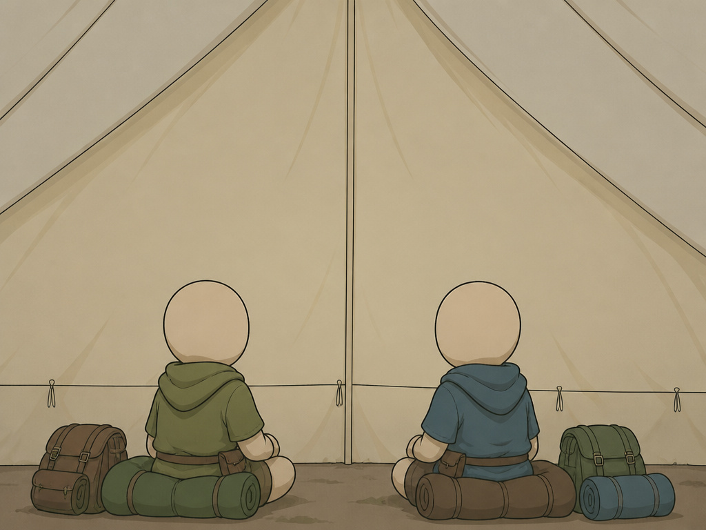 Halflings in a tent with high ceiling and scaled-down gear, D&D camping scene.