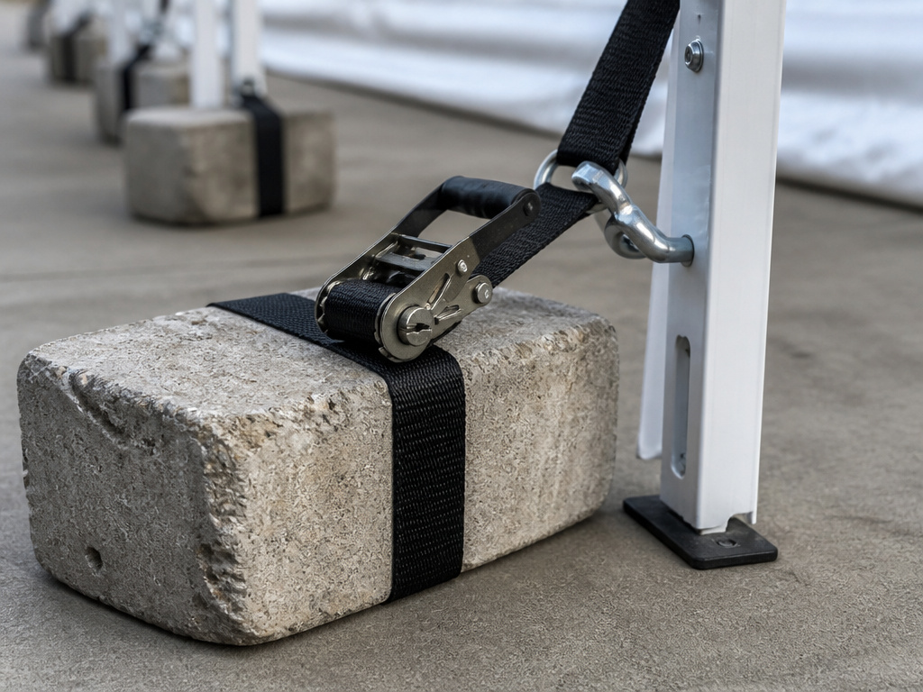 Concrete ballast weight securing a party tent leg on a hard surface