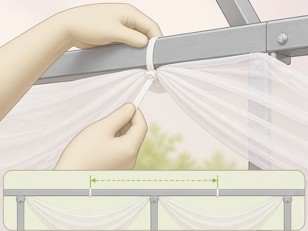 Close-up diagram showing how to attach chiffon draping to a tent frame with zip ties.