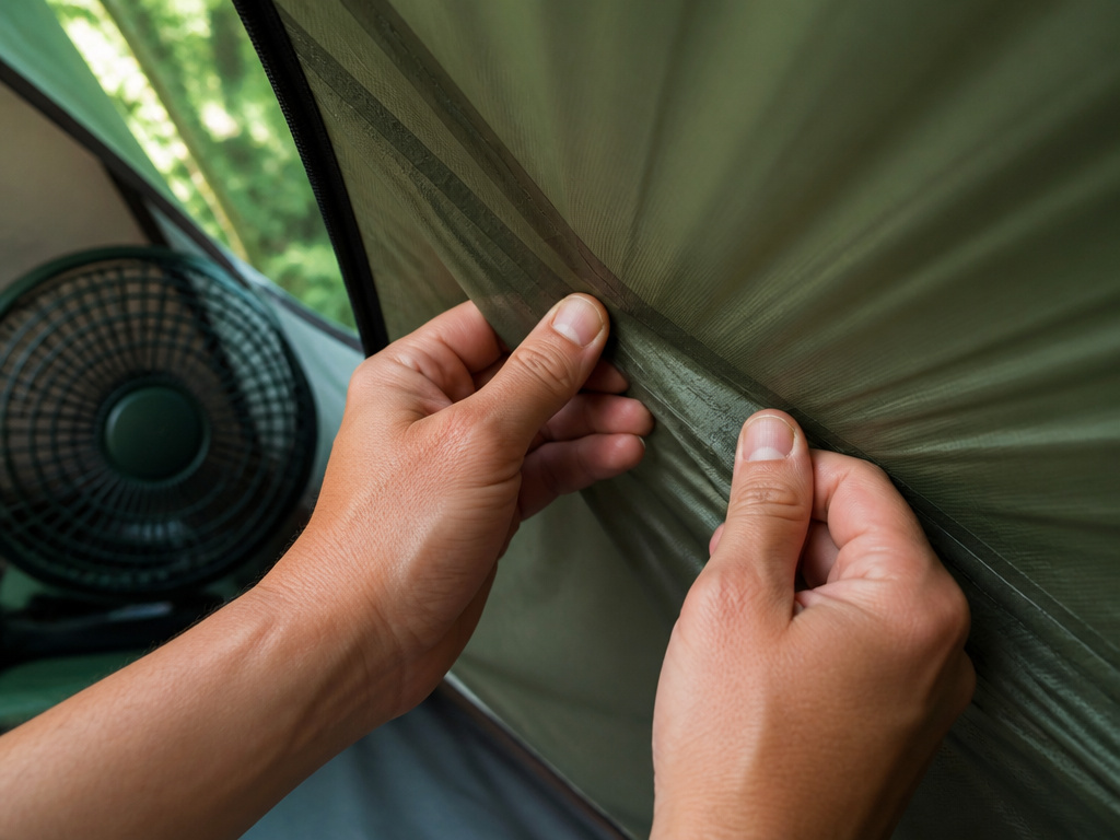Checking tent seams for dampness while drying in shaded airflow.
