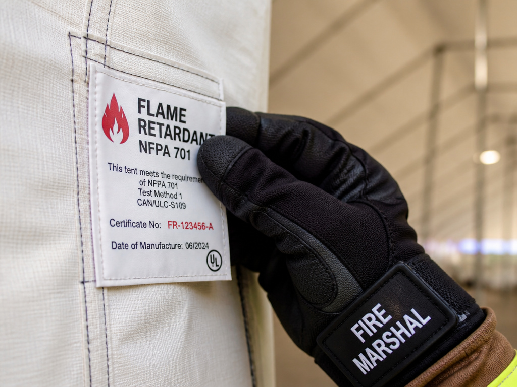 Fire marshal inspecting flame-retardant certification tag on a large party tent.