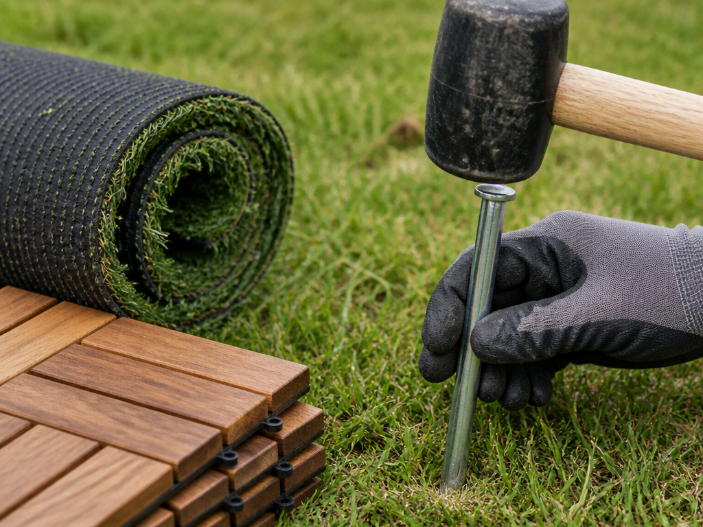 Anchoring a wedding tent stake into grass next to budget flooring options