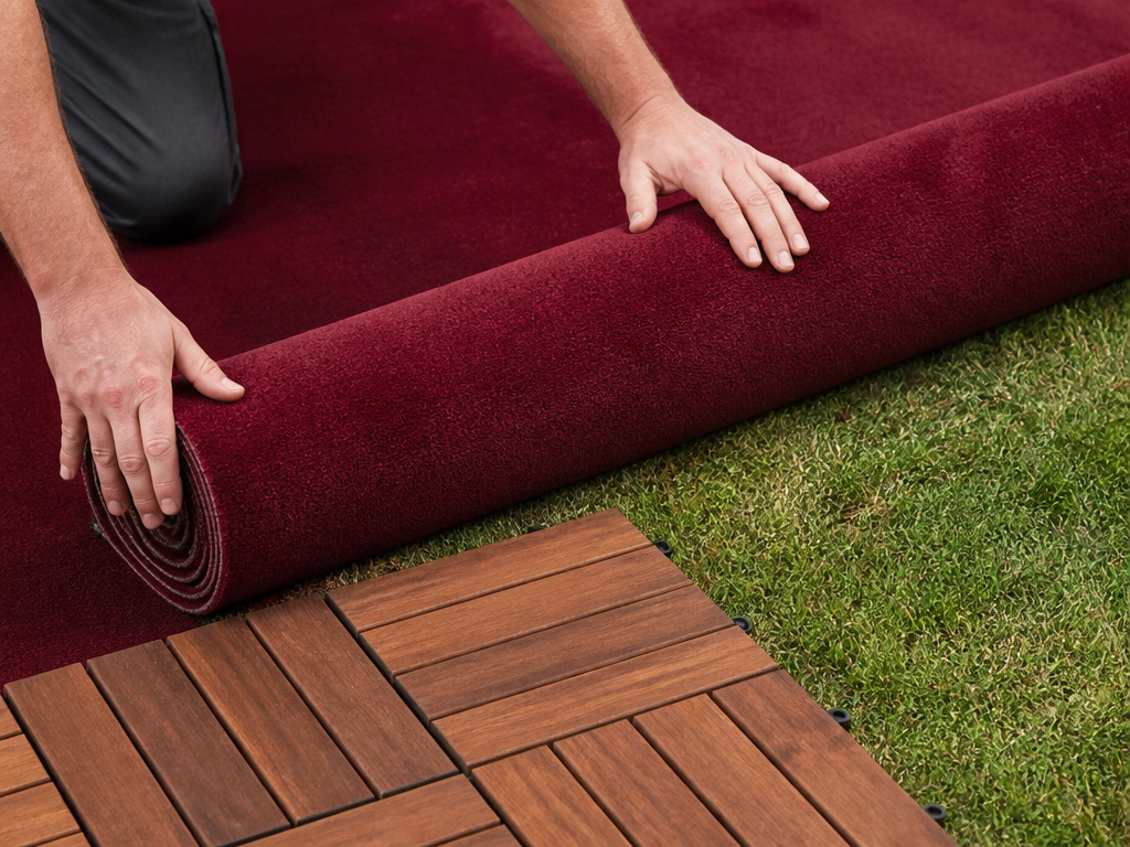 Installing carpet and deck tile flooring options for a wedding tent.