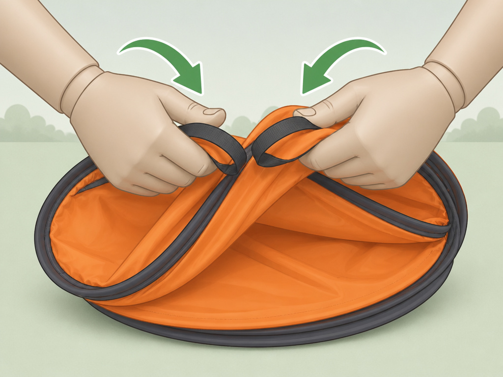 Step-by-step diagram showing how to fold a pop-up tent into a taco shape.