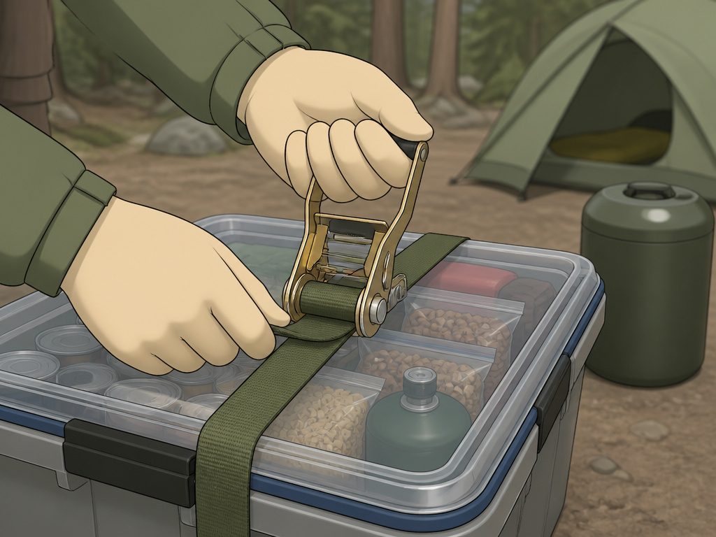 Securing food in animal-proof storage containers while tent camping.