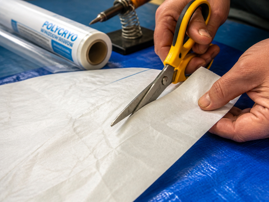 DIY tent footprint materials: Tyvek, poly tarp, and window film being cut.