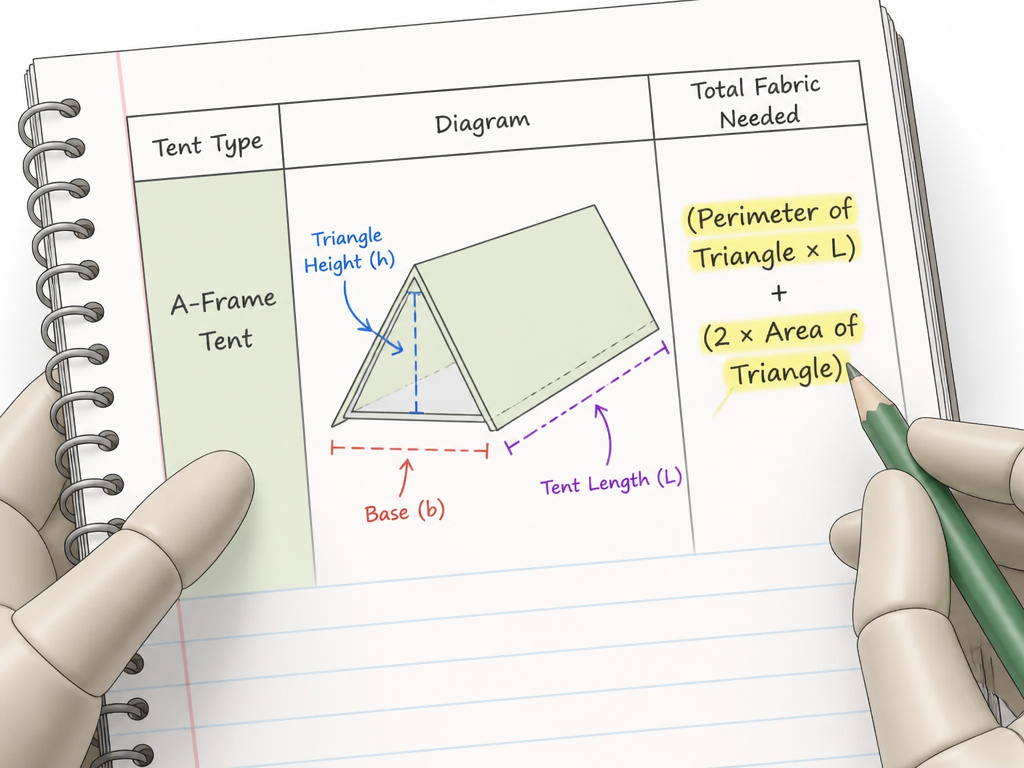 Diagram of A-frame tent surface area formula with labeled measurements.