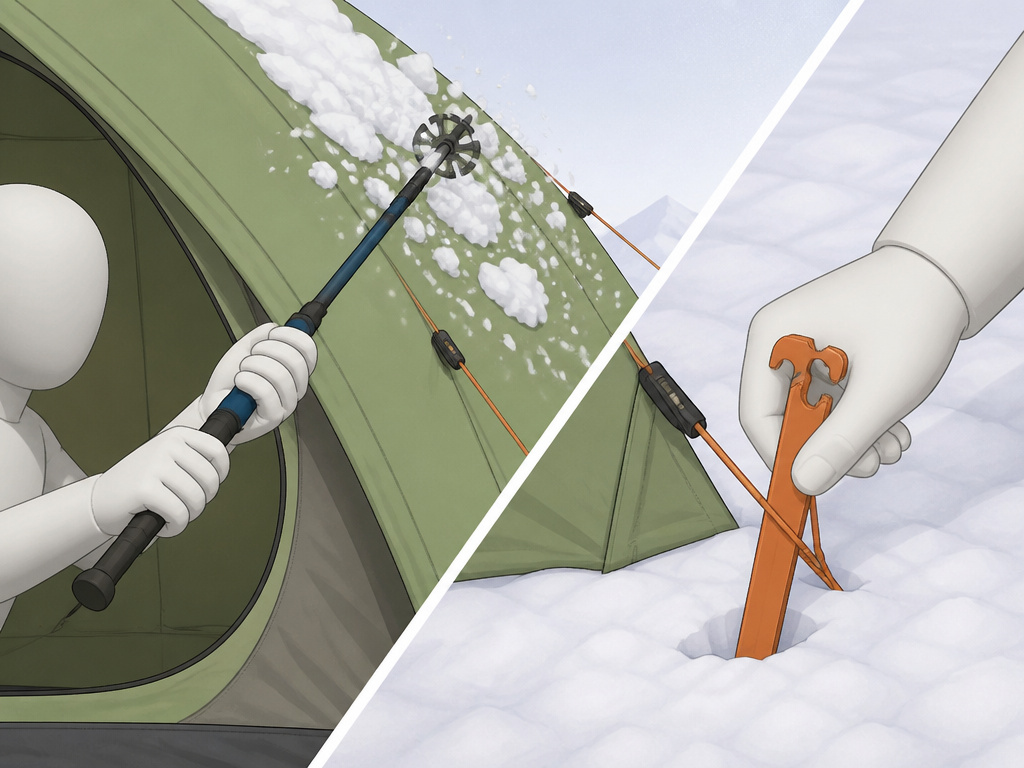 Diagram showing how to fortify a three-season tent with a steep pitch and snow stakes for winter.