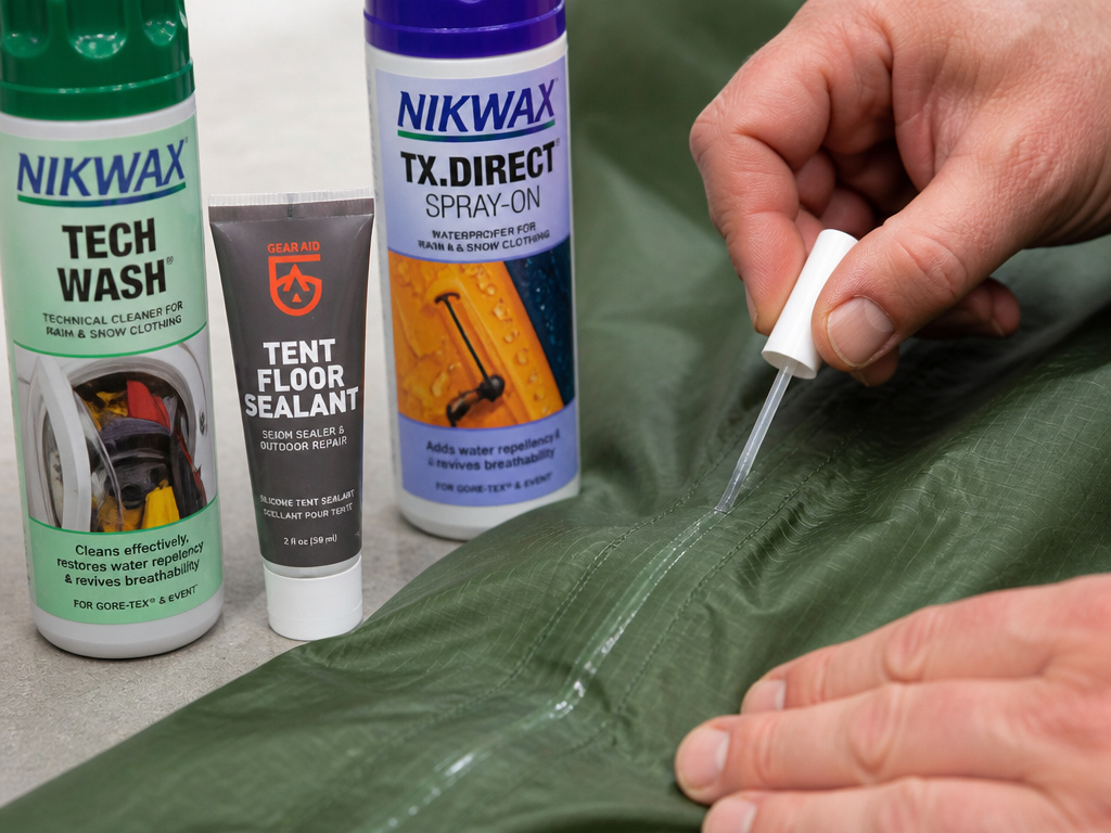 Essential tent waterproofing gear: seam sealant, cleaner, and DWR spray.