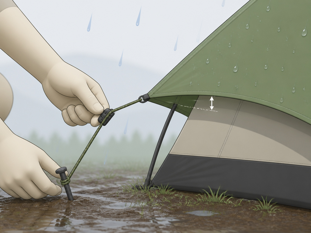 Properly tensioned guy line maintaining air gap under a tent rainfly.