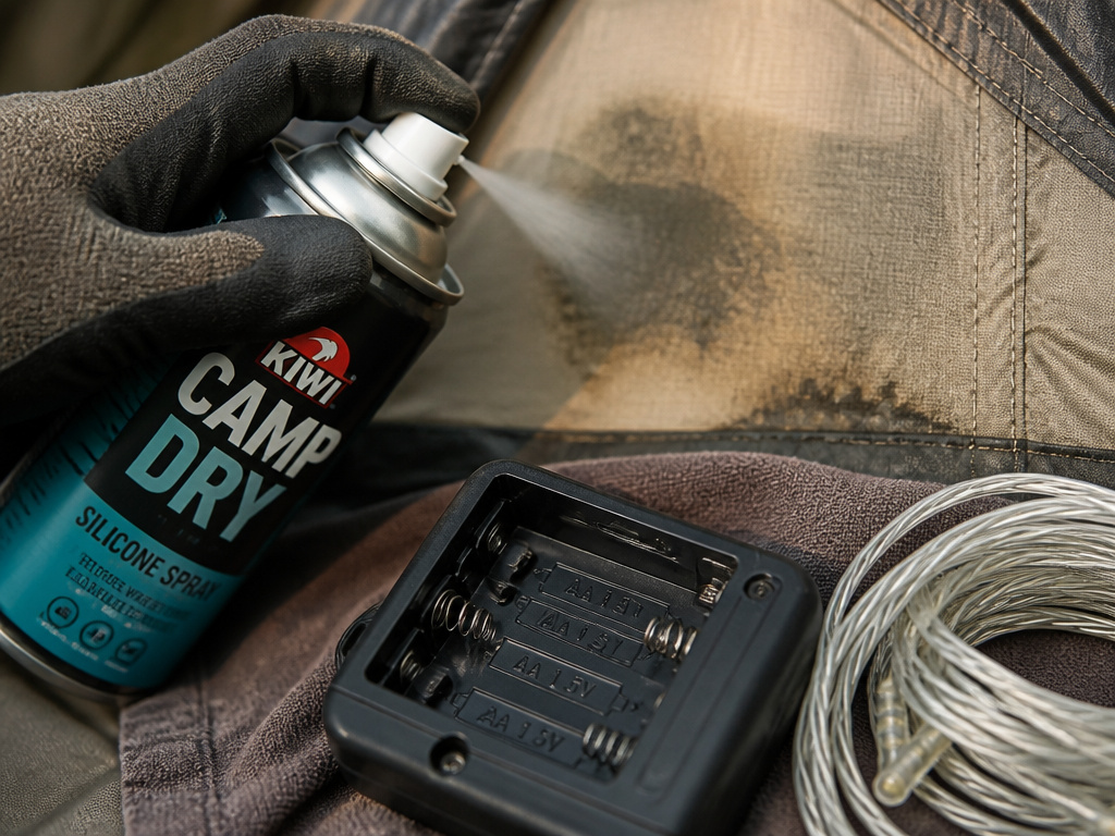 Winterizing a tent with silicone spray for canvas and removing batteries from electronics.
