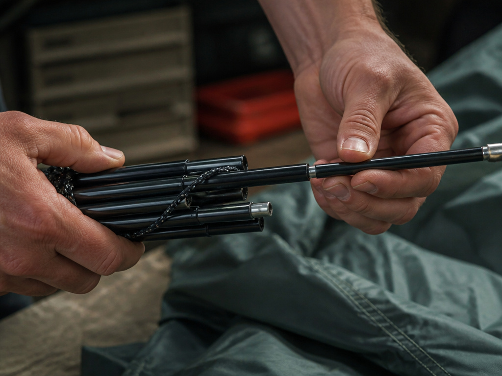 Properly folding tent poles by hand and separating a damp rain fly.
